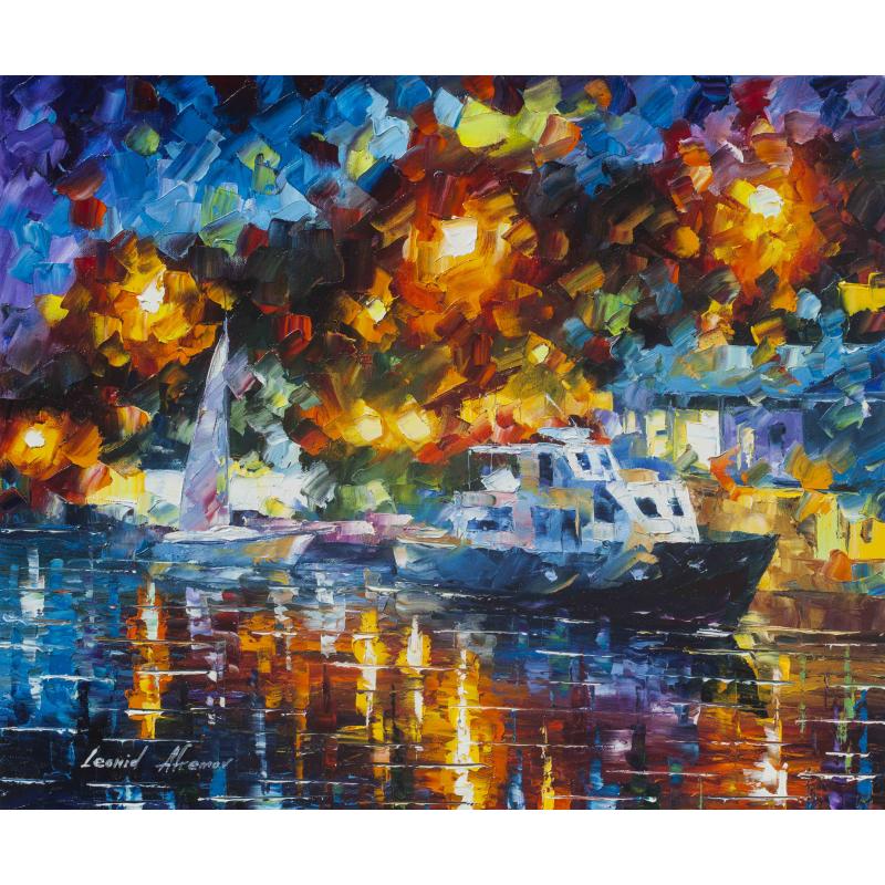 Gallery value USD16000 NIGHT COLORS OF THE HARBOR - PALETTE KNIFE Oil Painting On Canvas By Leonid Afremov